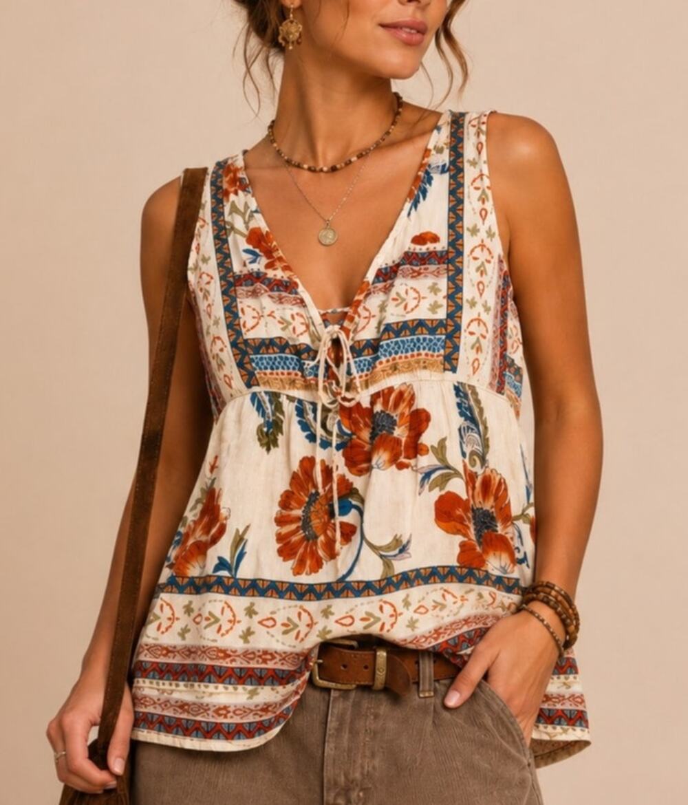 Patrons of Peace Cream Floral Boho Tank Top with Rust and Blue Accents